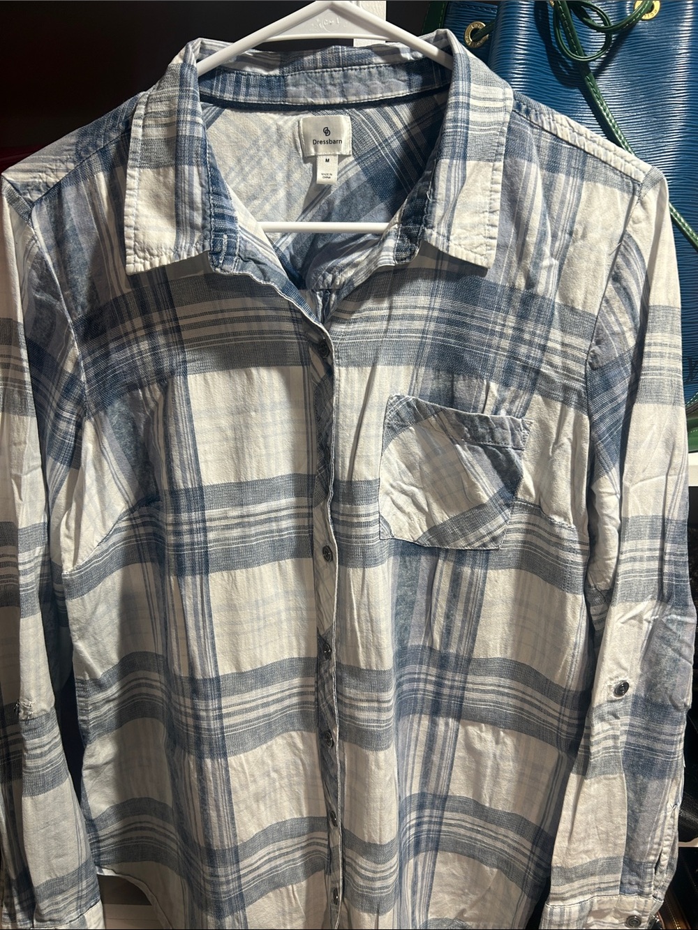 dressbarn Light Blue and White Plaid Button-Down Shirt